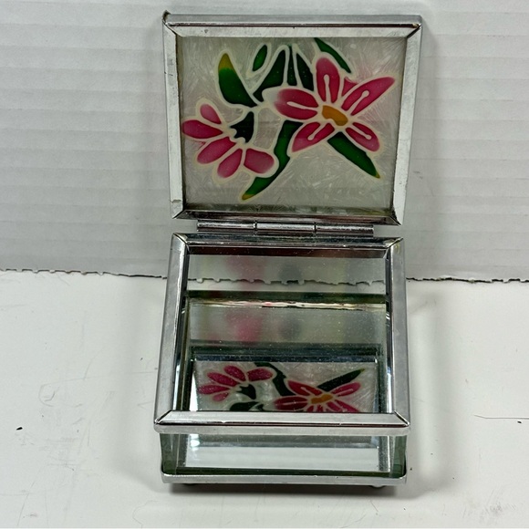 Stained Glass Pink Flower Jewelry Trinket Vanity Box Mirrored Bottom - Picture 4 of 11